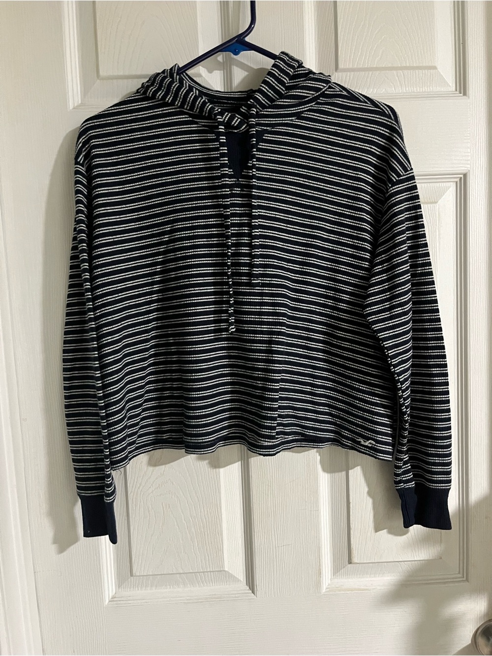 Hollister Navy & White Striped Cropped Long Sleeve